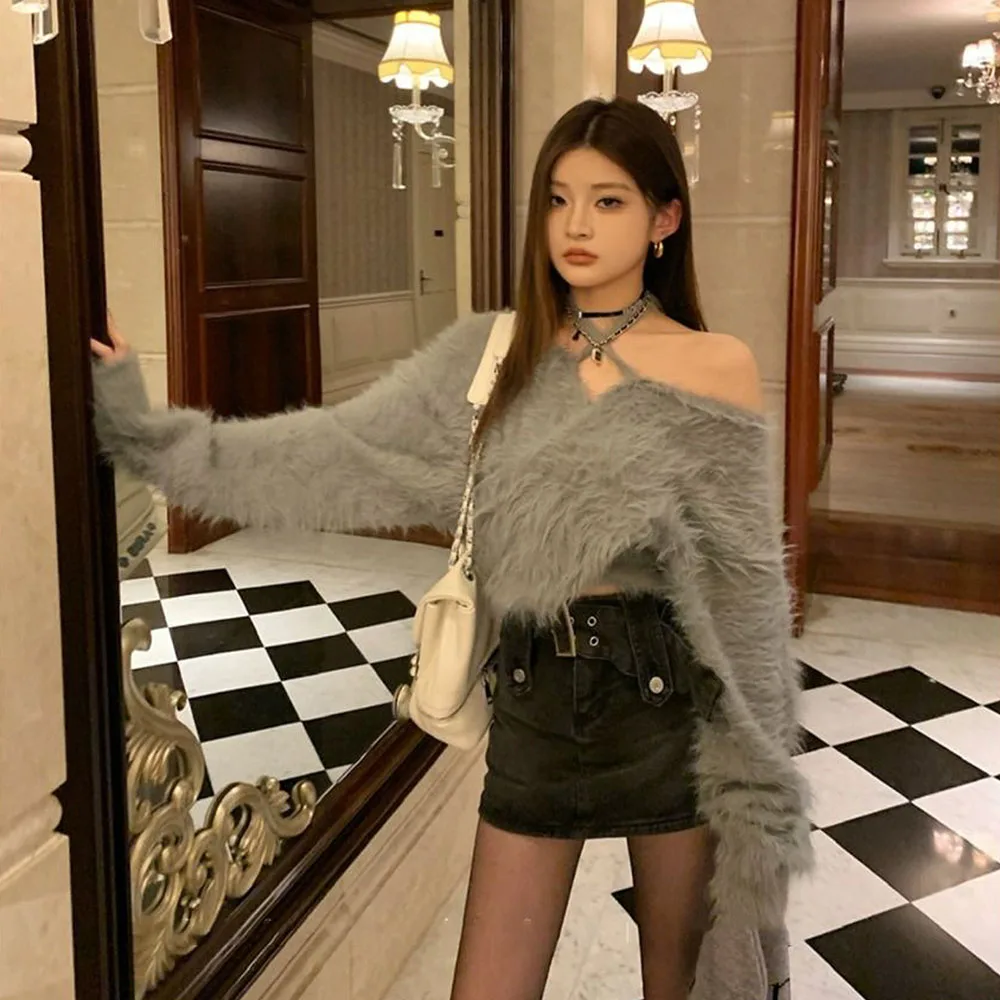 2024 Grey Halter Neck Loose Sweater Women Short Off Shoulder Imitation Mink Fur Tops Ladies Spring Autumn Soft Sexy Pullovers