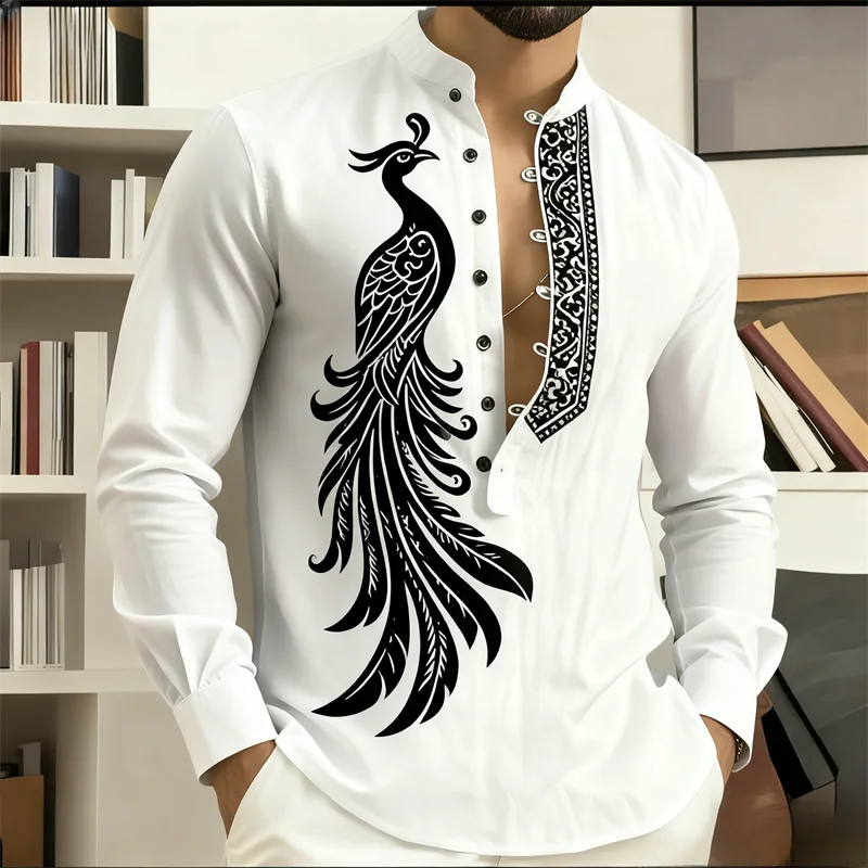 

Men's long sleeved peacock print ethnic shirt | Turquoise blue business casual shirt | Office/party traditional pattern formal t