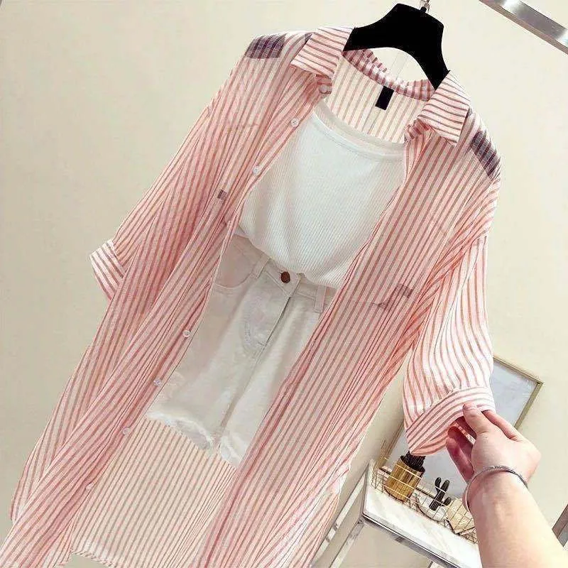 Women's Thin Coat Korean Fan Summer Clothes New Sunscreen Jackets Loose Mid-Length Vertical Striped Shirt Female Tops