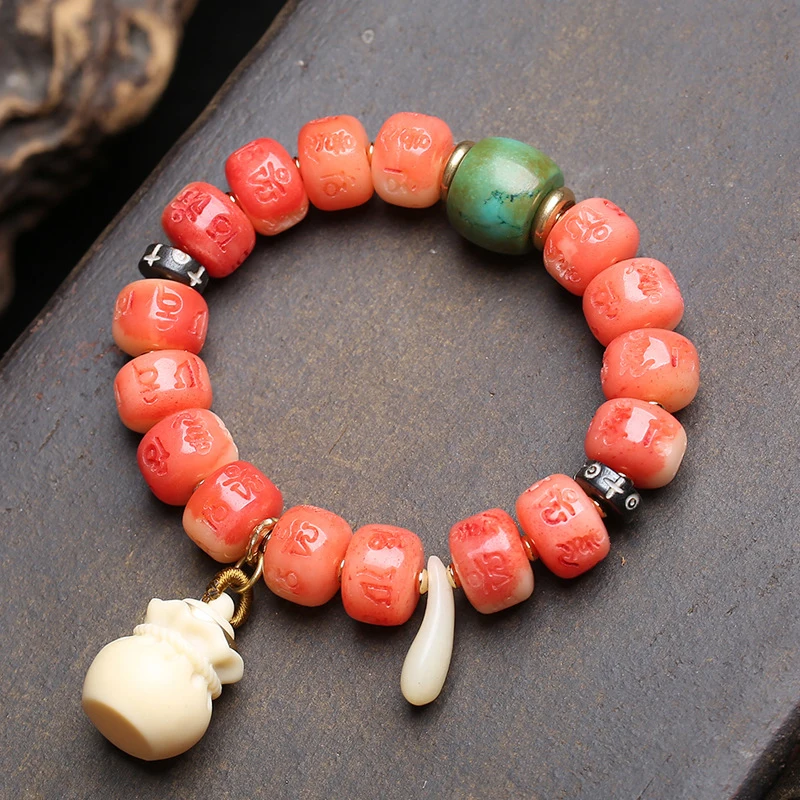 Half-Hemated Bracelet With Beads, Six-Character Mantra, Single Strand, Ivory Fruit, Yak Bone, And Copper Acces