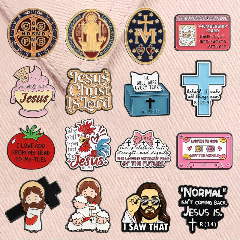 Medallas de Cruz Católica Esmaltadas, Broches de Oración Latina con Jesús Cristo, Dios, Virgen María, Insignias de Solapa, Joyería, Regalos