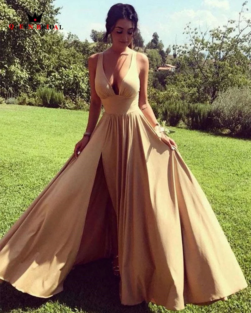 

Champagne Bridesmaid dresses Sexy A-LINE Side Slit Deep V Neck Robe de demoiselle d'honneur Custom Made YM08