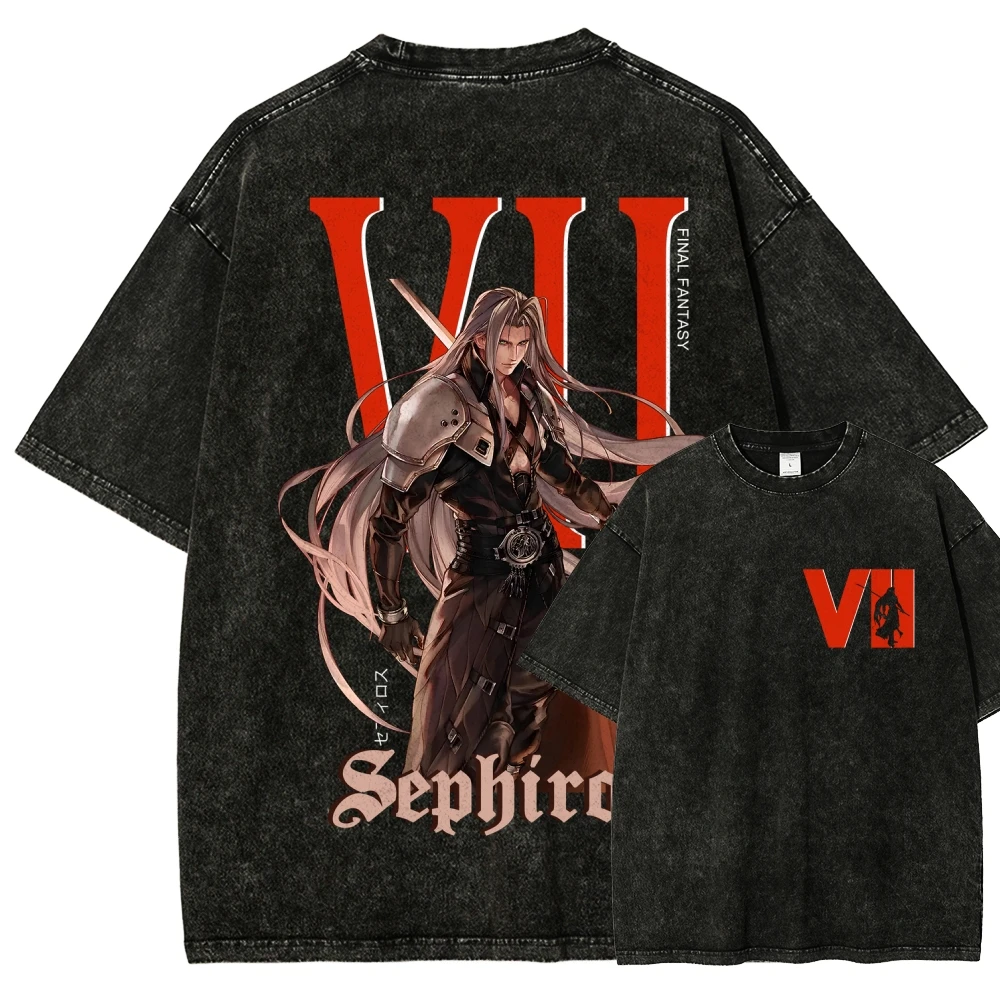 Vintage Washed Cotton T-Shirt Final Fantasy VII Sephiroth Anime Game Graphic Tee Men Loose Streetwear Casual Short Sleeve Tops