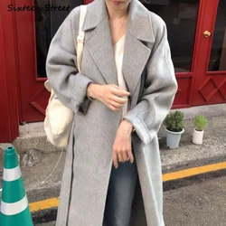 Vintage Gray Woolen Jacket for Woman Autumn Winter Thicken Oversized Blends Long Coats Female Korean Fashion Streetwear Clothes