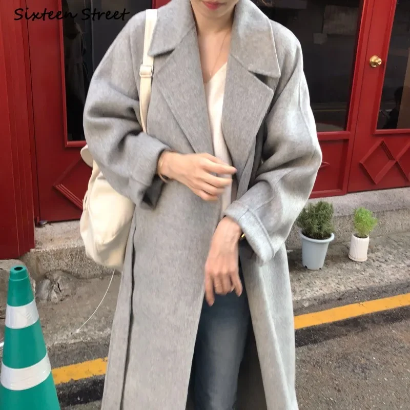 Vintage Gray Woolen Jacket for Woman Autumn Winter Thicken Oversized Blends Long Coats Female Korean Fashion Streetwear Clothes