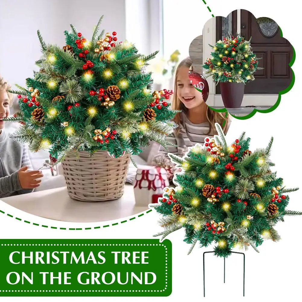 

16 Inches Lighted Artificial Christmas Trees Pine Needles Outdoor Decorations Stake Ground Plug Luminous Tripod With Christ O6L9