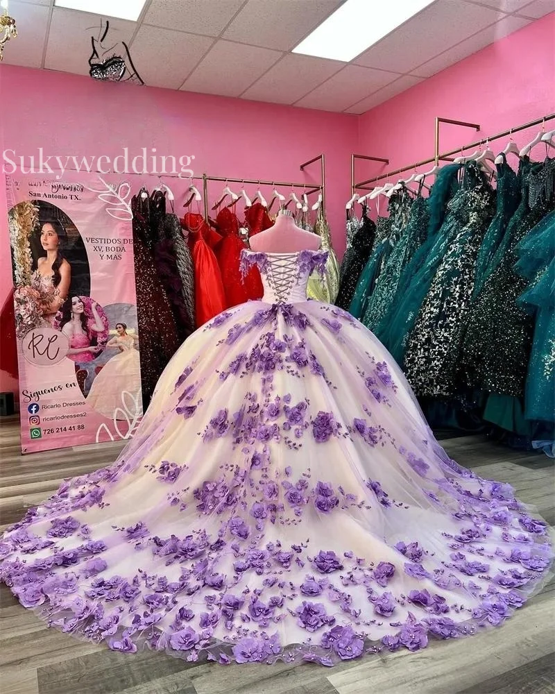 

Lilac Purple Quinceanera Dresses Lace Appliques 3D Flowers Off Shoulder Corset Back Sweet 16 Birthday Dresses Vestido De 15 Anos