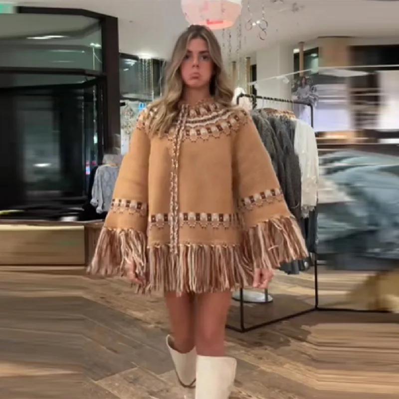 

Tassel Hem Women's Sweater Round Neck Printed Knitted Pullover Chic Lace Up Loose Soft Top 2025 New Autumn Winter Lady Knitwears