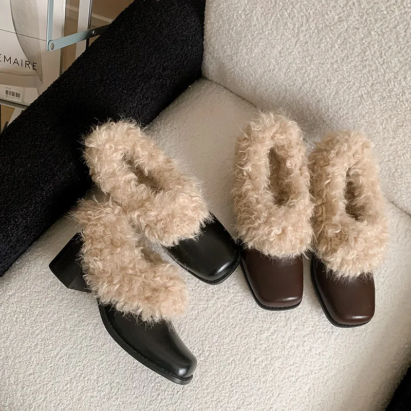 MKKHOU Fashion Pumps New High Quality Genuine Leather Shoes Wool Shoes Winter Warm High Heels Women's Heels Women's Shoes