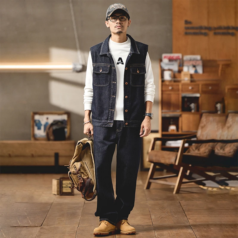 

Men Loose Casual Vintage Denim Cargo Sleeveless Jacket Vest Pants Sets Male Streetwear Hip Hop Plus Size Jeans Vest Waistcoat