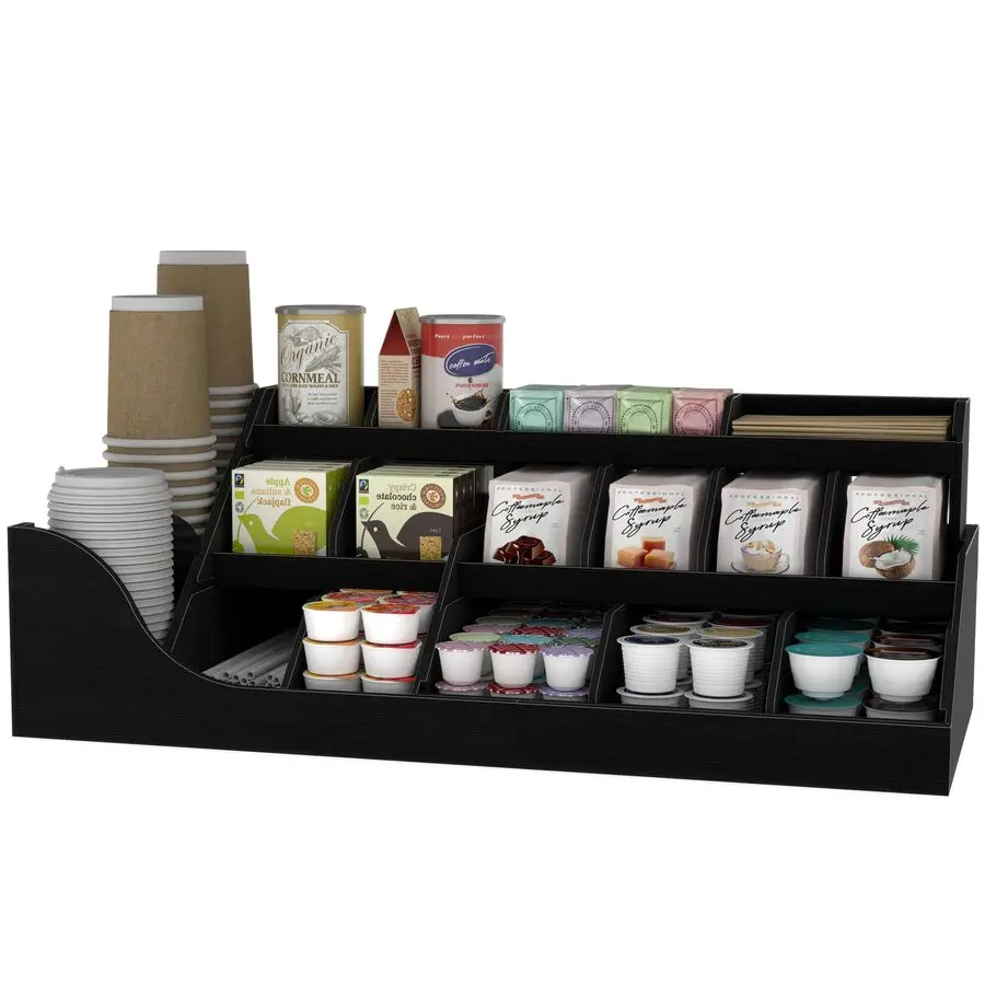 Organizador de Estación de Café Grande y Elegante, Soporte de Madera para Cápsulas con Cajón, Almacenamiento para Condimentos, Jarabes, Tazas de Té, Estilo Rústico para Bar