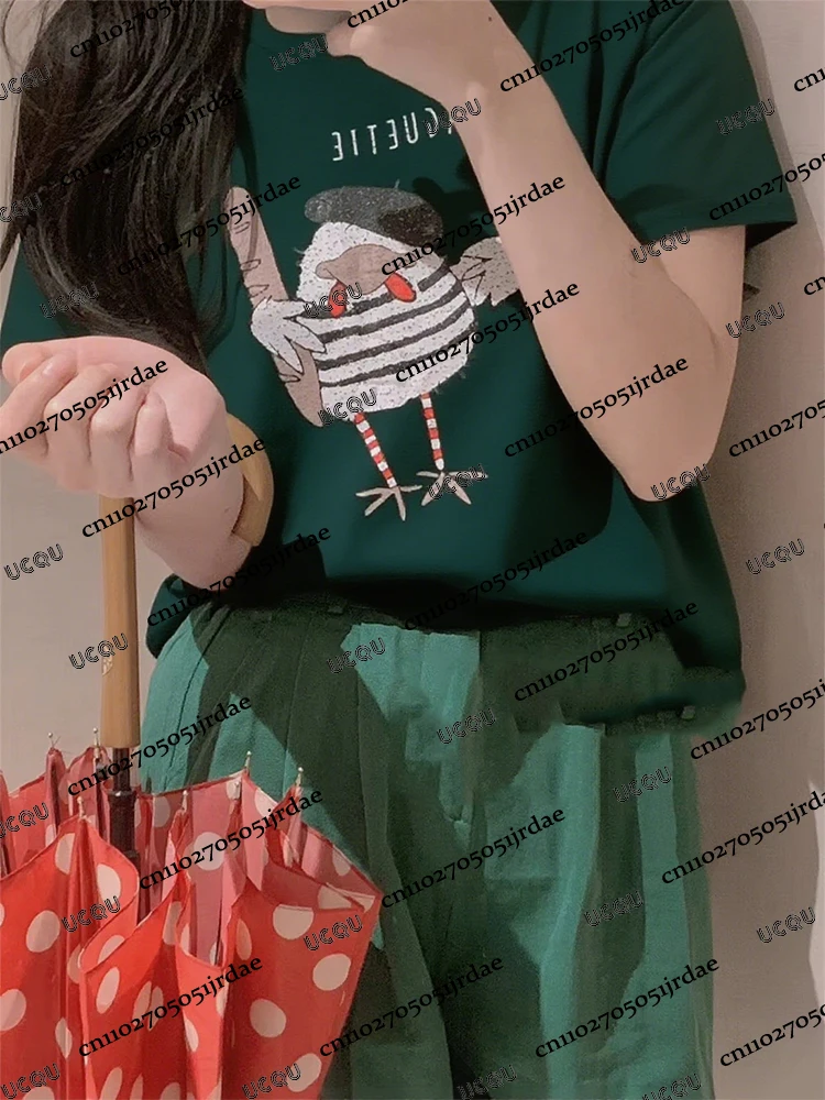 

Ladies' Pure Cotton T-irt Summer Casual Sle ort Sve round Ne Color Sketch Print Comfortable Fit Fem Top