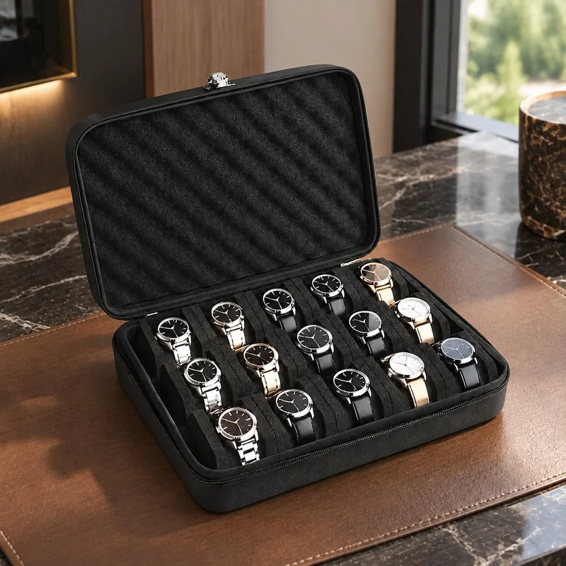 Durable Travel Watch Storage Box with 15 Compartments and Impact-Resistant Construction for Home Use