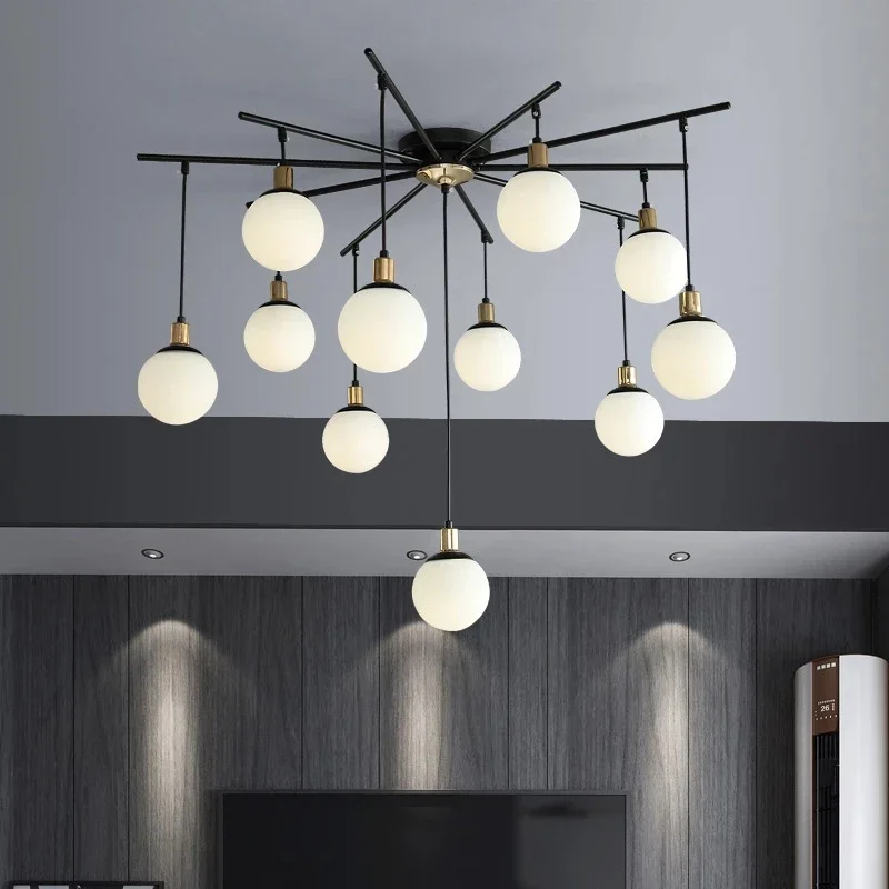 Vintage Black Wrought Iron Chandeliers Nordic LED Magic Bean Glass Hanging Lamp Postmodern Restaurant Living Room Pendant Lights