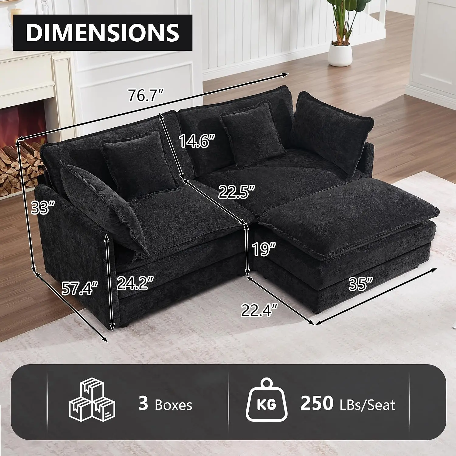L Shaped Modular Cloud Sectional Sofa with Ottoman Chaise, Comfy Chenille Loveseat for Living Room Apartment, 76.7