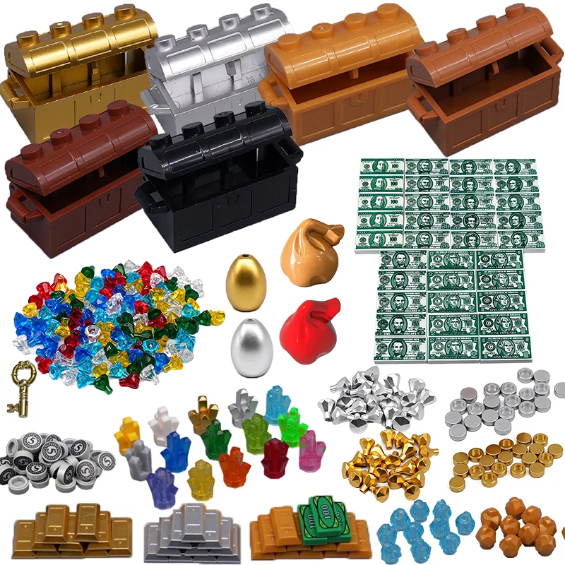 MOC Blocs de construction Scène de château Monnaies Diamants Pierres précieuses Minerai Lingot d'or Coffre Argent Figurine Ensemble d'accessoires DIY Jouet pour enfants Cadeau H11