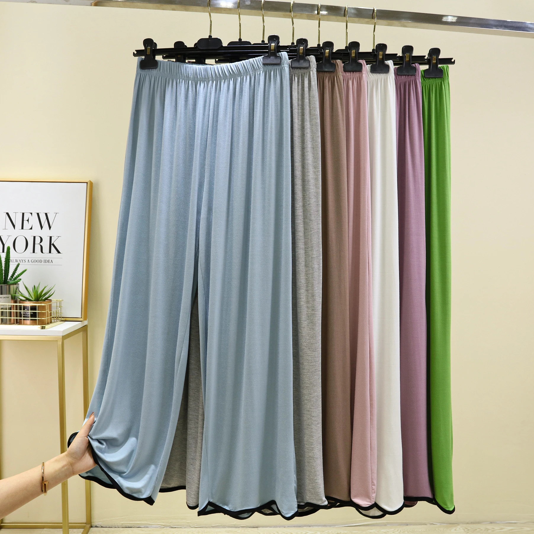 하이웨이스트 와이드 레그 팬츠 여성용 모달 잠옷 얇은 봄 여름 루즈 캐주얼 스트레이트 컷 홈 롱 팬츠 웨이브 엣지