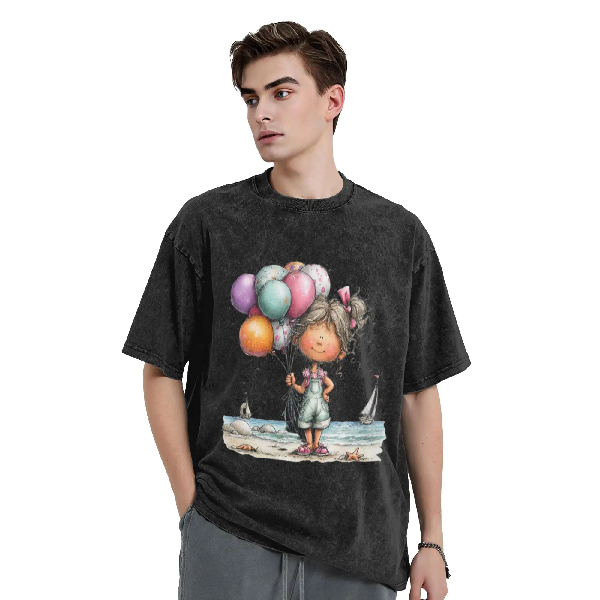 Cute girl with balloons - whimsical design Classic Chic A Vintage Oversized Cotton Unisex T-Shirts
