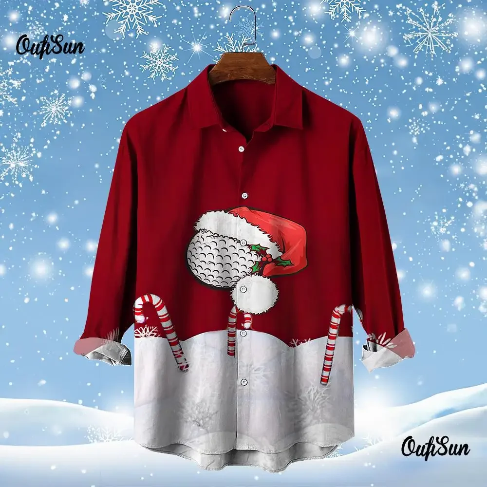 Golf Santa Festive Shirt 3D Printed Christmas Long Sleeve Shirt Party Men\'s Shirt 3D Printed Casual Fashion Men\'s Top