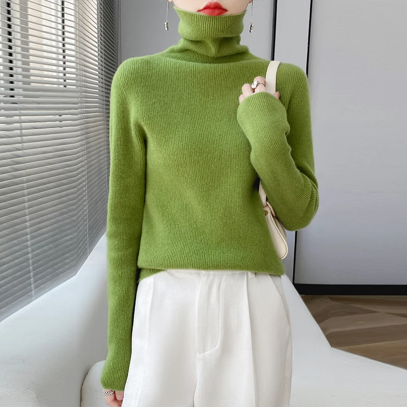 100% Pure Wool Women Sweater Autumn Winter Fashion Pile Collar Pullover Cashmere Sweater Casual Long-sleeved Knitted Tops