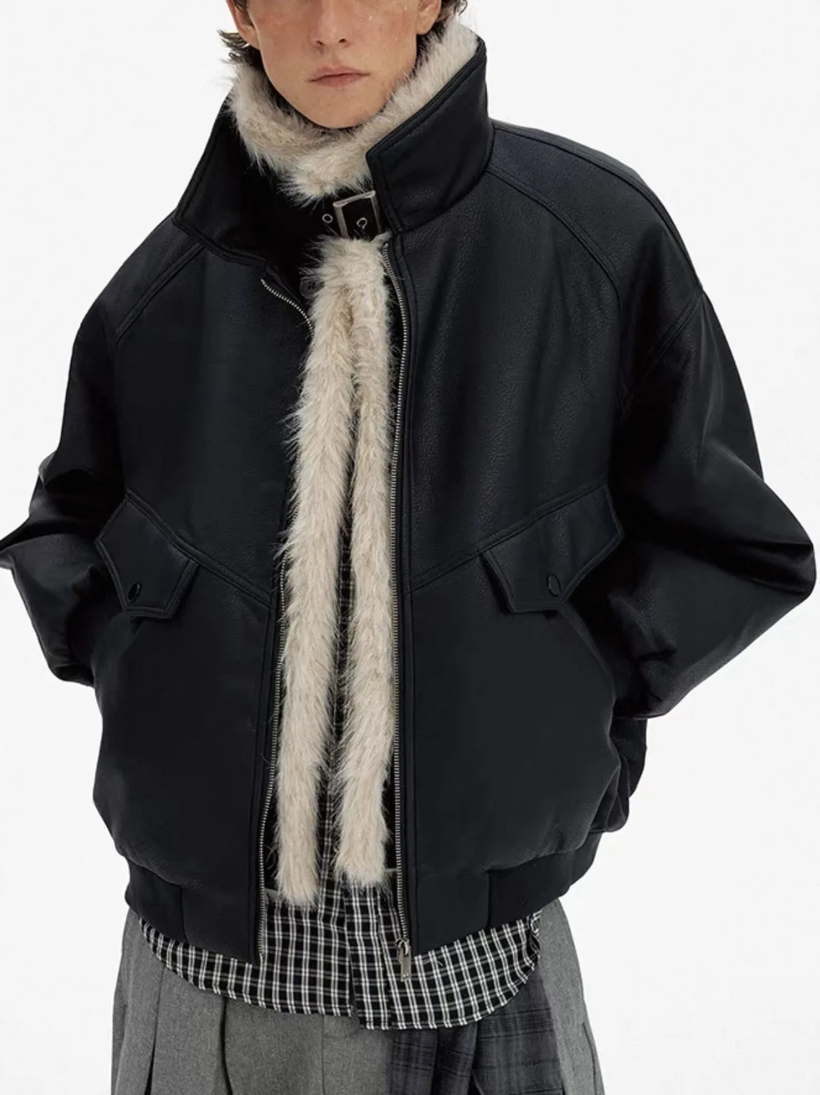 

American Retro Thiened PU Leather Jaet Men's Winter Warm Casual All-match Cotton Coat Eagle Pattern Stand Collar Coat