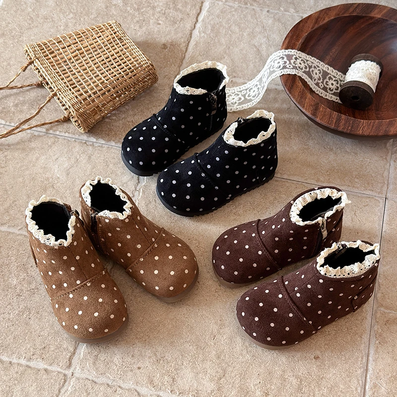 Girls' Toddler Comfortable Flat-bottomed Children's Boots Spring and Autumn Fashion Polka Dot Printing Decorative Short Boots