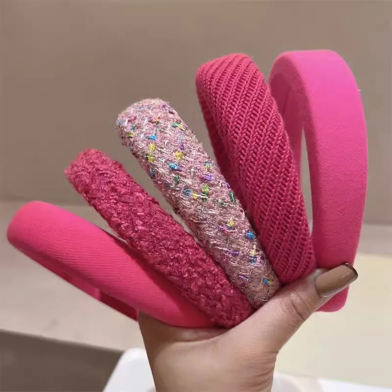 Fashion Rose Pink Tweed Sequin Headband Women Girl Twill Knit Y2K Pink Hair Accessories Vintage Hair Hoop Sponge Bezel Holder