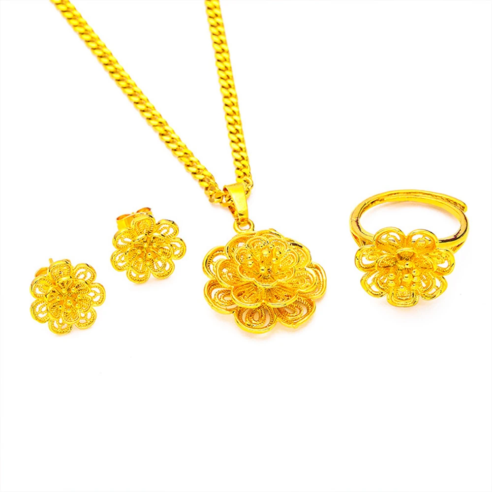 Yellow Gold Color Jewelry Sets For Women Flower Pendant Necklace Ring Earrings 3pcs Set Wedding Jewellery Accessories Bijoux