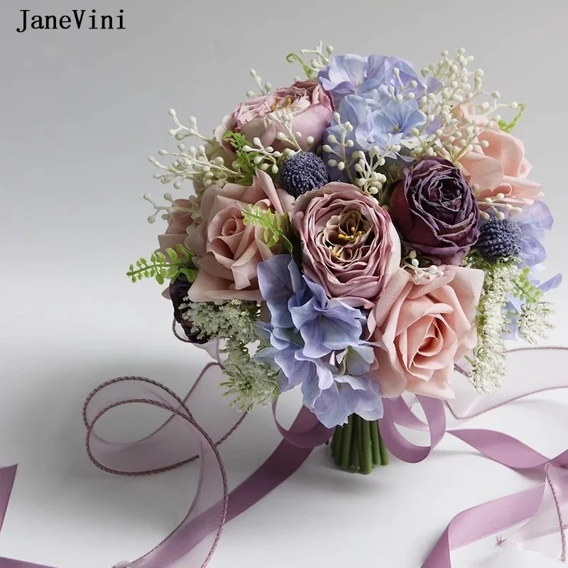 Janevmini-花嫁の花の花束,手作りの人工バラ,ピンクと紫,結婚式,写真アクセサリー