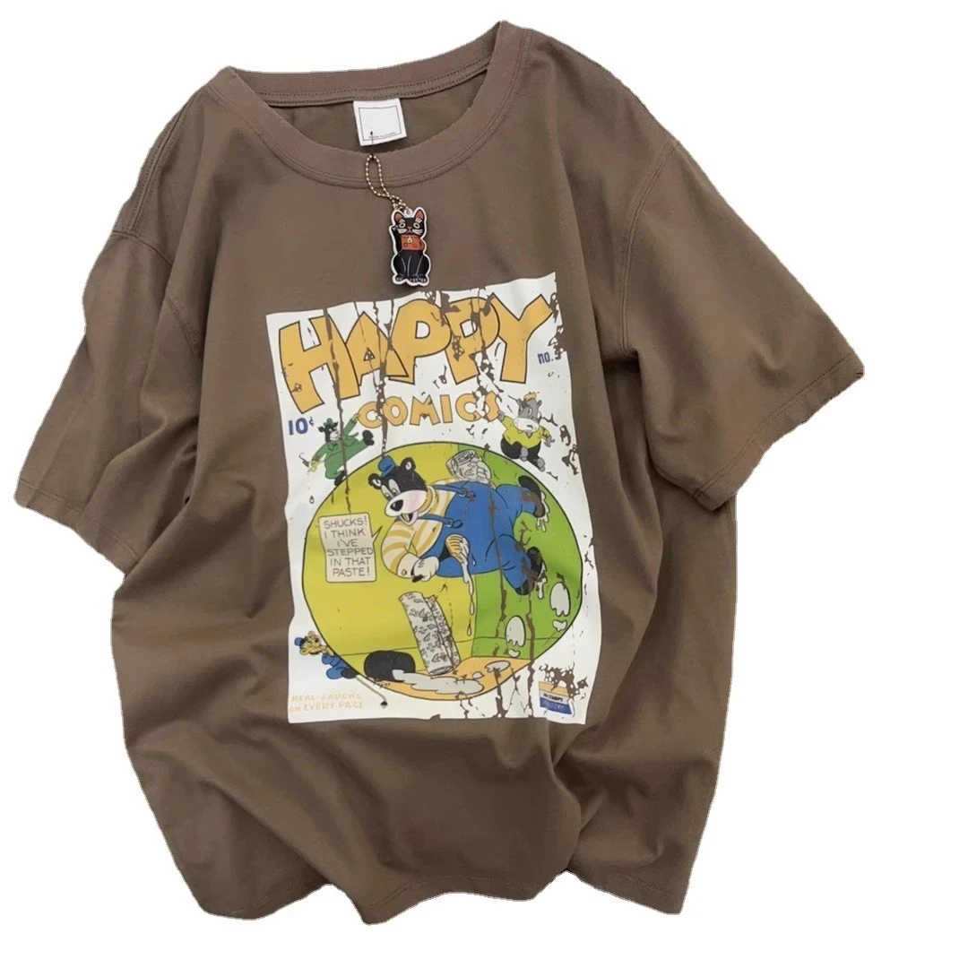 

Ретро японский мультяшный принт ort Sve футболка женская летняя корейская свободная шикарная гонконгская футболка для студентов f Sve Top