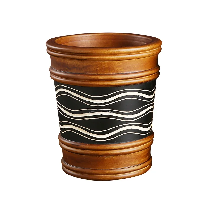 Thai solid wood carved vintage trash can, home living room, tea room, creative round paper basket, toilet garbage basket