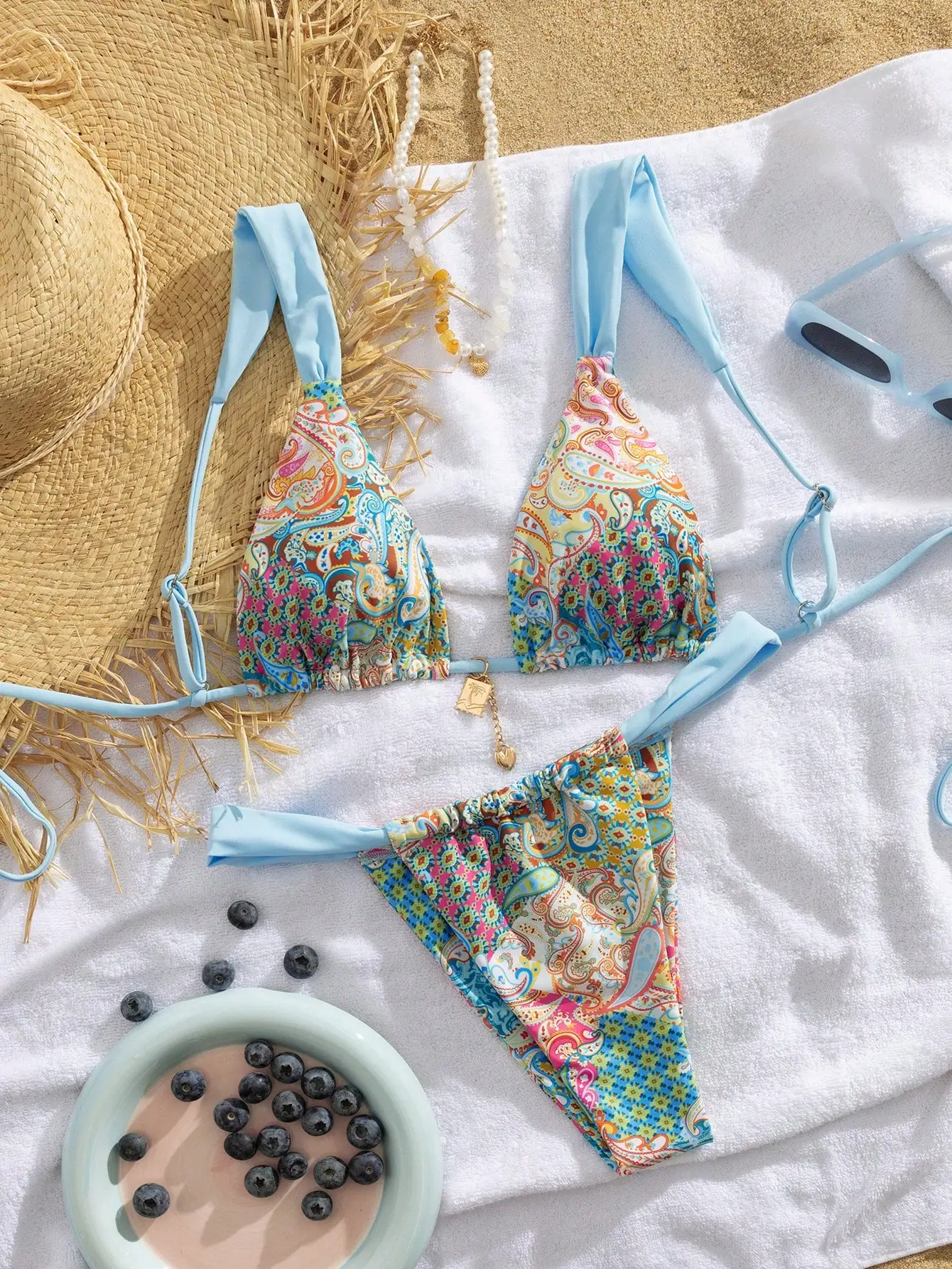 

Women Soft Tie-Front Adjustable Strap Printed Bikini Set Beach Swimwear Summer Vacation