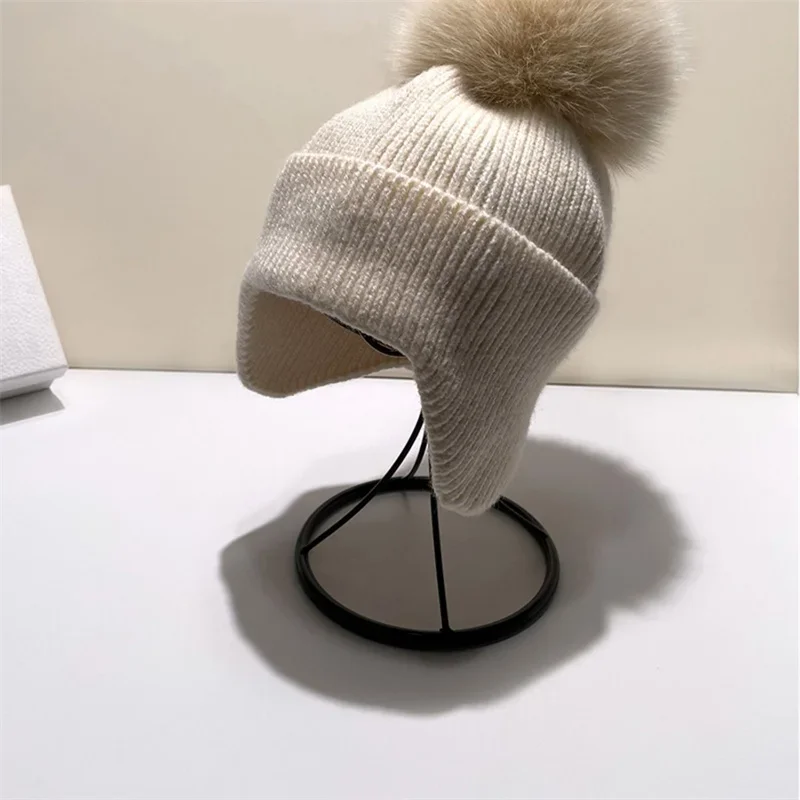 Solid Hat Women Knitted High Quality Ear Flap Wool Cap With Natural Fox Fur Pompom Female Winter Warm Caps