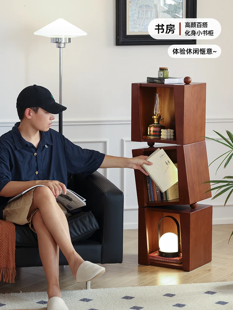 Low side table solid wood vintage bookcase against the wall combined with floor-to-ceiling bookshelves for home shelves