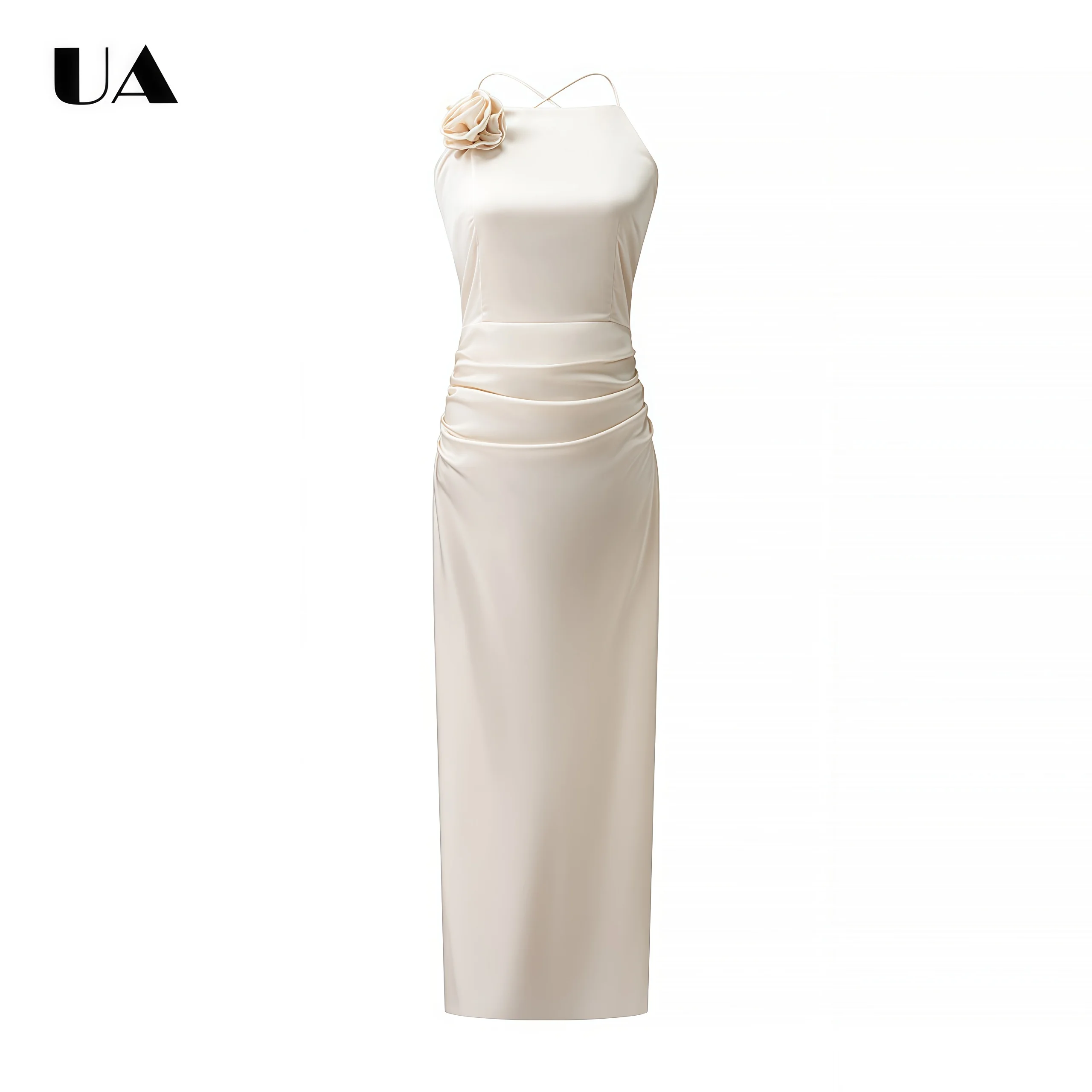 

Eleagnt Sheath Backless Lace-up Midi Dress Trendy 3D Flower Square Neck Long Dresses for Women Classic Solid Draped Party Dress