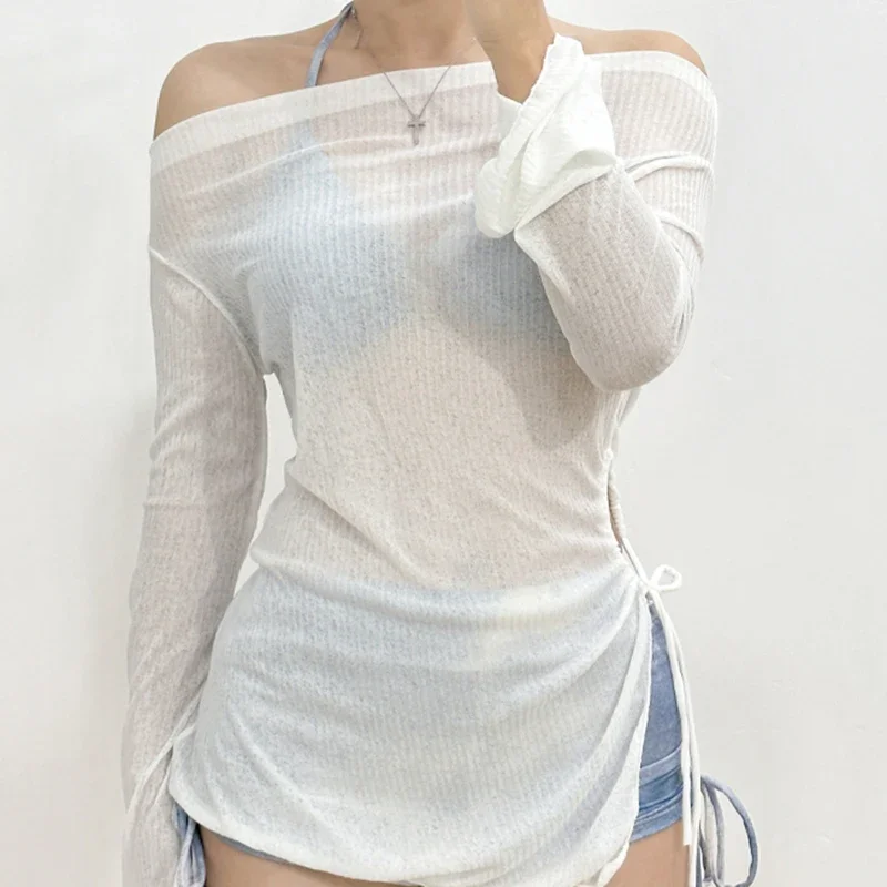 OIINAA Sexy maillot de bain femmes cou monté à lacets Bikini ensemble gris à manches longues couvertures été 2025 coréen maillot de bain tendance