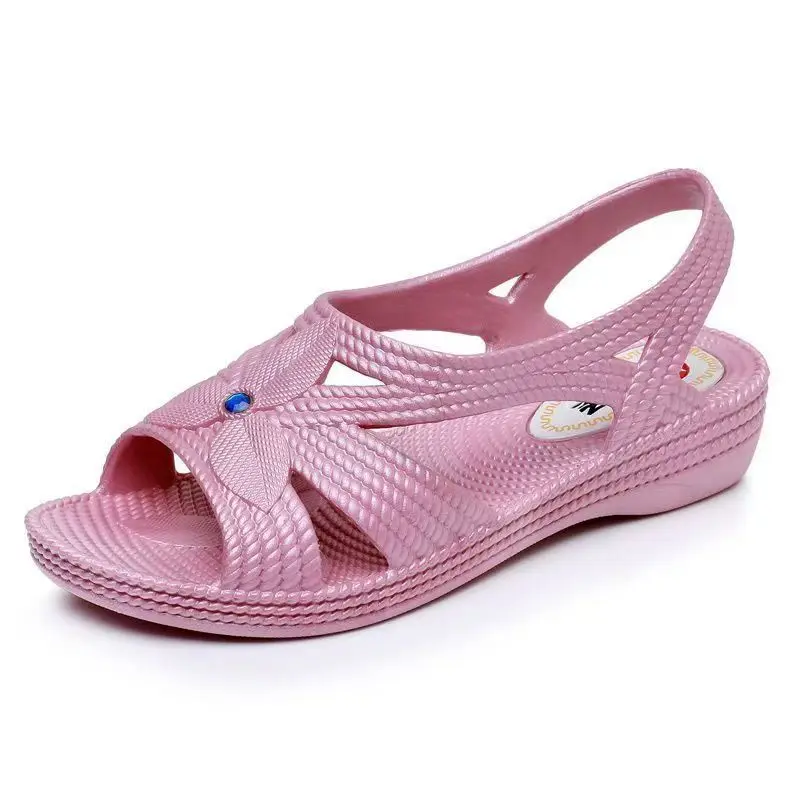 

New Women's Summer One Word Hollow Flat Sole Sandal Soft Sole Non Slip Slip-On Outdoor Beach Sandal Mom's Sandals