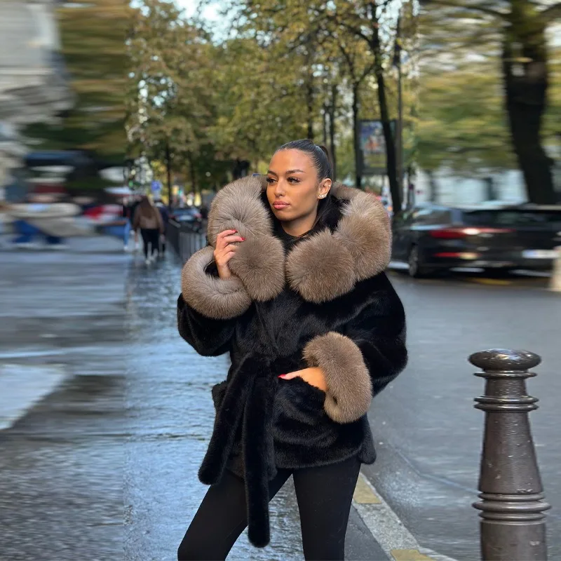 Patchwork Lapel Faux Fur Jackets with Belt Slim Furry Jacket Fluffy Warm Thick Luxury Elegant Faux Fox Stylish Short Plush Coats