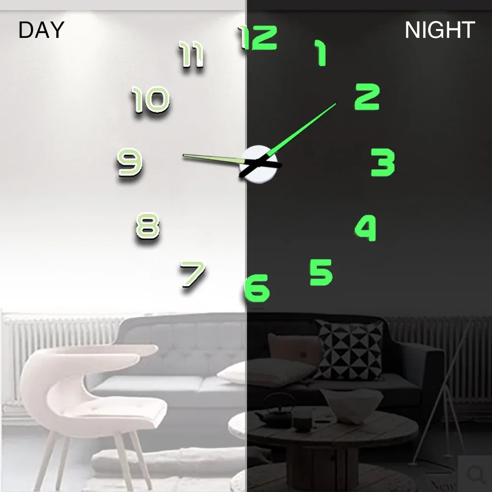 New Luminous Wall Clock Large Watch Horloge 3D DIY Acrylic Mirror Stickers  Quartz Duvar Saat Klock Modern Mute