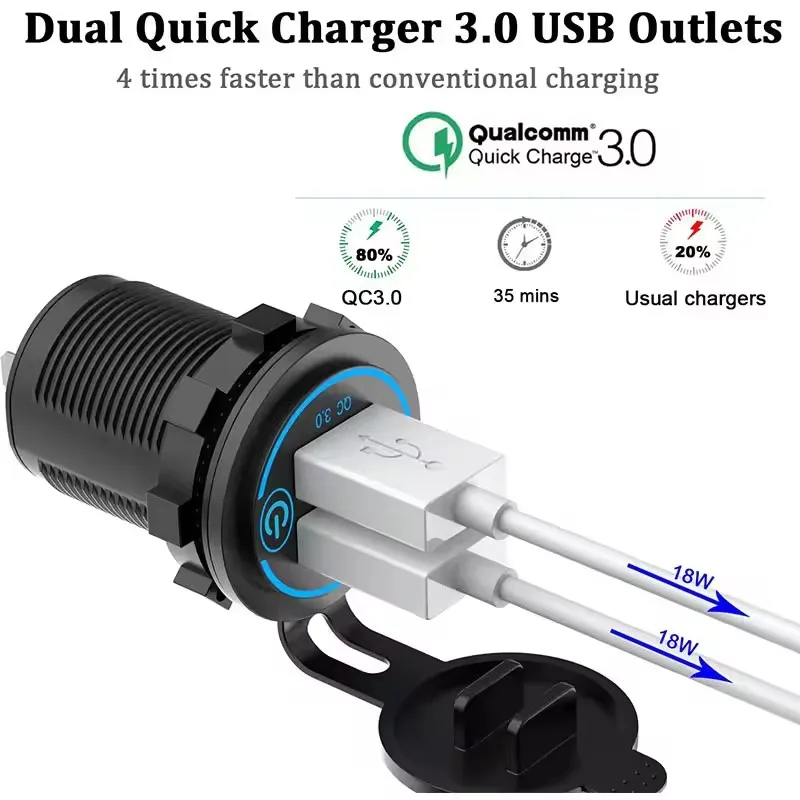 

3.0 Quick Charge Dual USB Быстрое автомобильное зарядное устройство Аксессуары Водонепроницаемая розетка QC3.0 12 В/24 В с сенсорным переключателем и светодиодной подсветкой