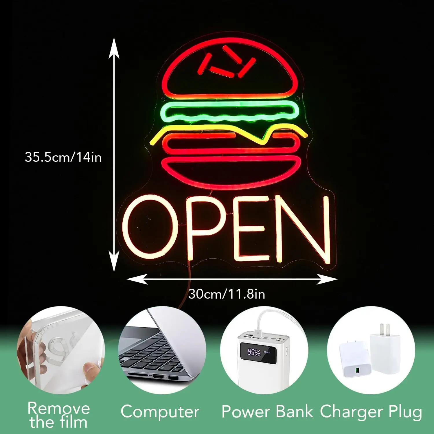 Hamburg Open Neon Sign Dimmable Led Open Sign Burger Sign Wall Decor for Fast Food Bar Kitchen Restaurant Food Neon Light