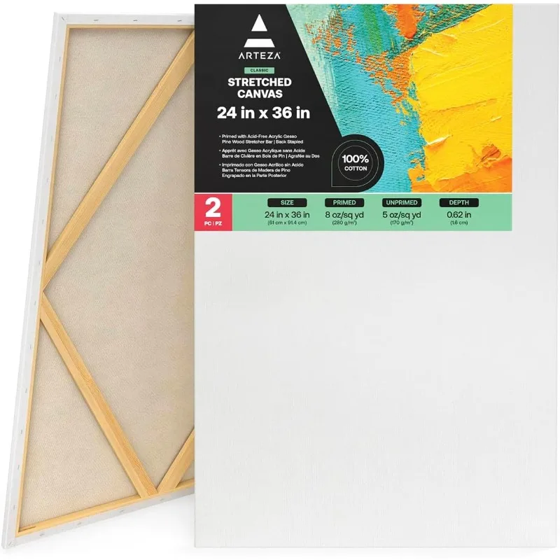 

Stretched Canvas, 24 x 36 Inches, Pack of 2, Blank White Large Canvas for Painting for Acrylic, Oil and Gouache Paints