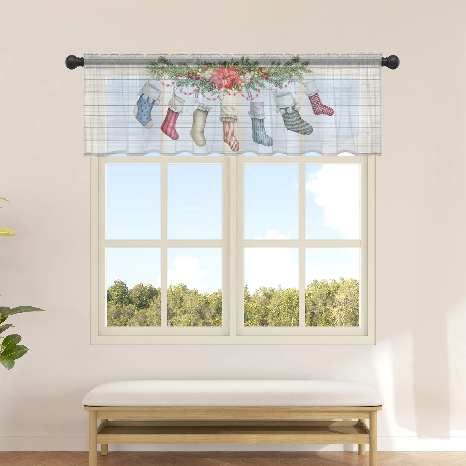 Christmas Wood Patterned Poinsettia Socks Small Window Curtain Valance Sheer Short Curtain Bedroom Home Decor Voile Drapes