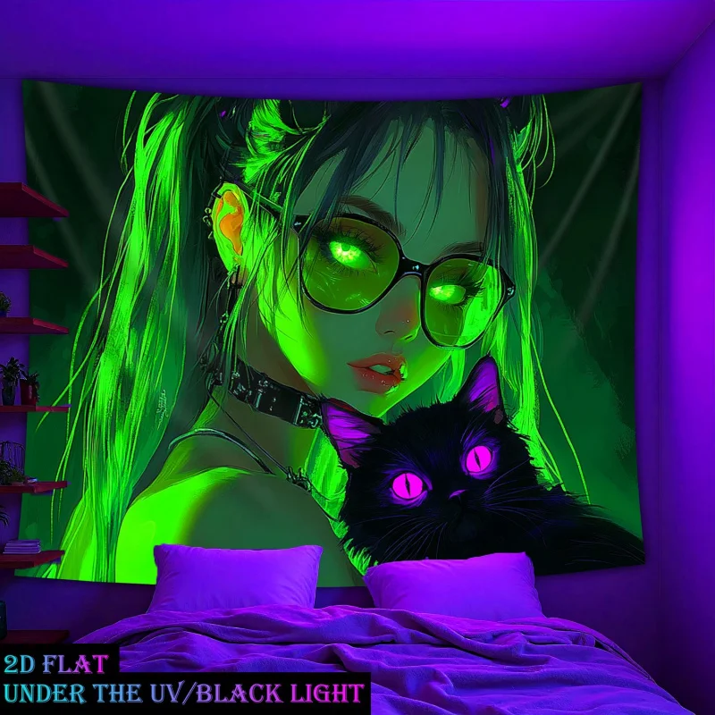 VIKAMA Cyber Girl And Cat Tapestry Dark Trendy Style Gaming Room Renovation Background Wall Wear Resistant Multi Scene Wall Hang