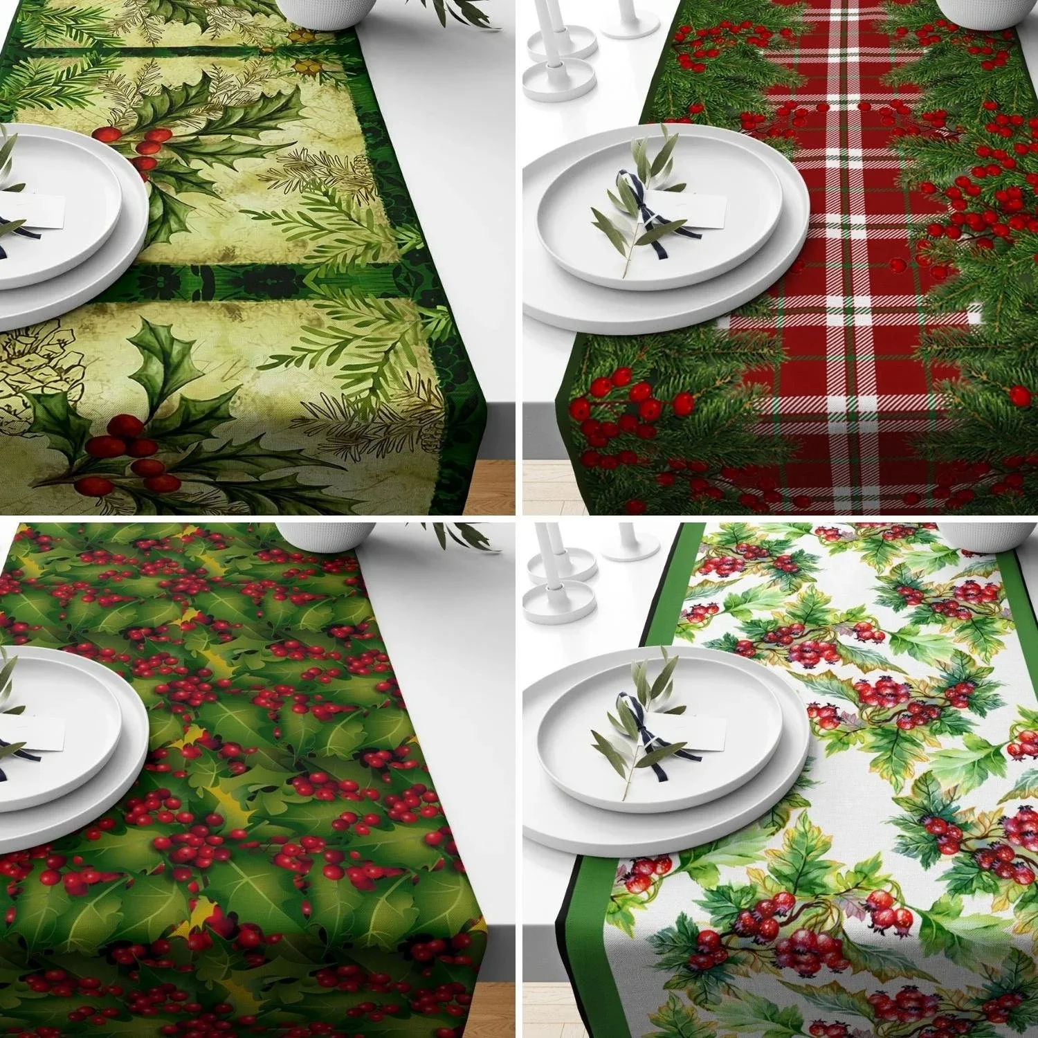 Roter grüner Tischläufer im Holly-Beeren-Stil, rechteckiger Weihnachts-Tischläufer, weihnachtlicher karierter Läufer, Neujahrsgeschenke