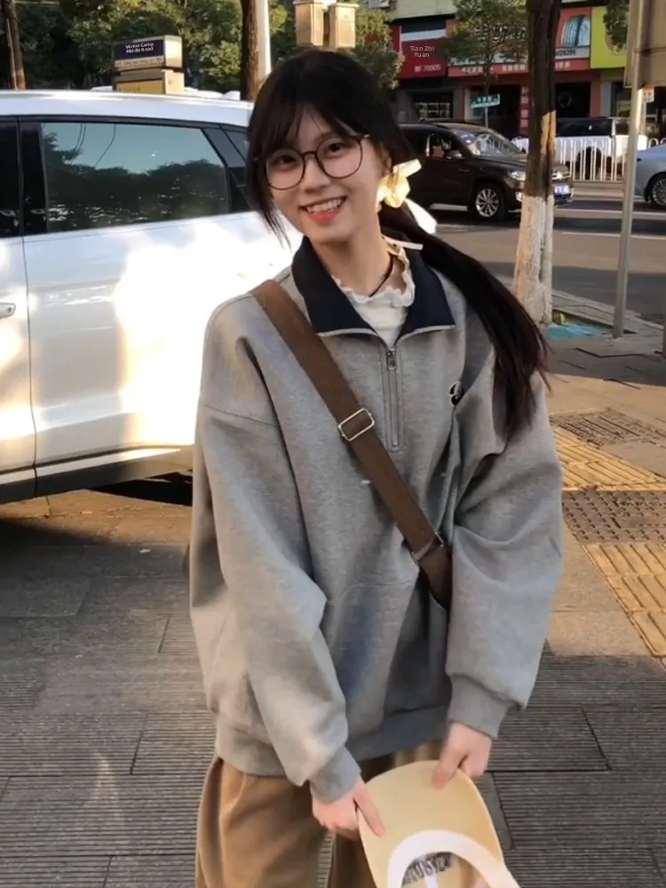 Retro American College Sle Farbe Blo Kragen f Zipper Hoodie frauen Frühling Herbst Neue Paar Keine Kappe High-End-Top