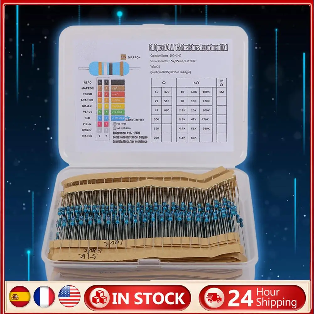 

300/600pcs Metal Film Resistor Pack Assorted Kit 30 Kinds Metal Film Resistance Assortment Kit 10R-1M Resistance 1% 1/4W
