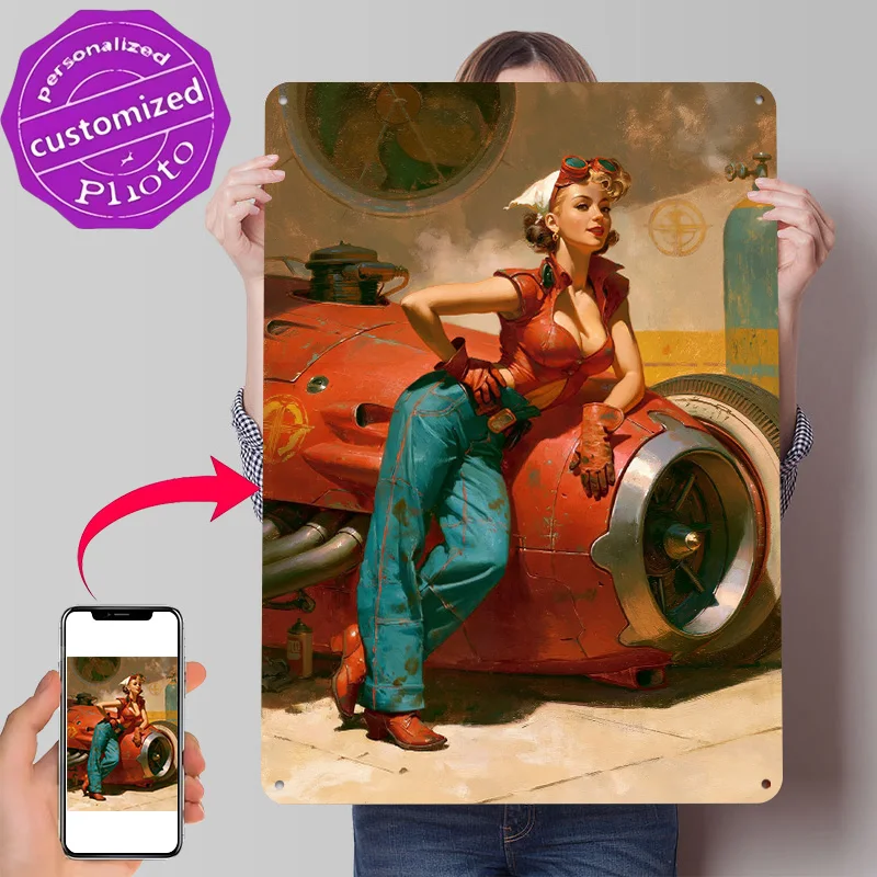 Retro Mechanic Pin-Up Girl With Race Car 3D Texture Metal Poster Customized Wall Art Tin Sign Gift for Mancave Wand Deko House