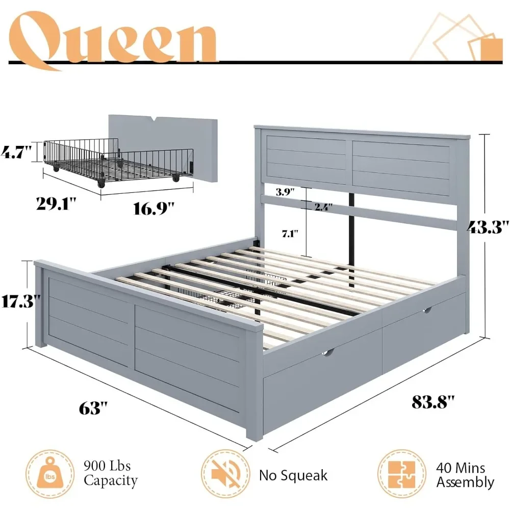 Queen Bed Frame with Headboard & 4 Storage Drawers，Wood Bed Frame for Bedroom, Wood Slats Support，Platform Bed Frame