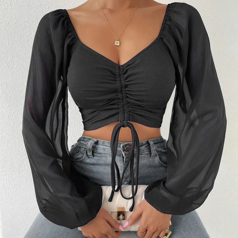 Women  Blouse V-neck Chiffon Long Lantern Sleeve Summer Spring Slim Sheath T-shirt Tops Drawstring Party Street Wear